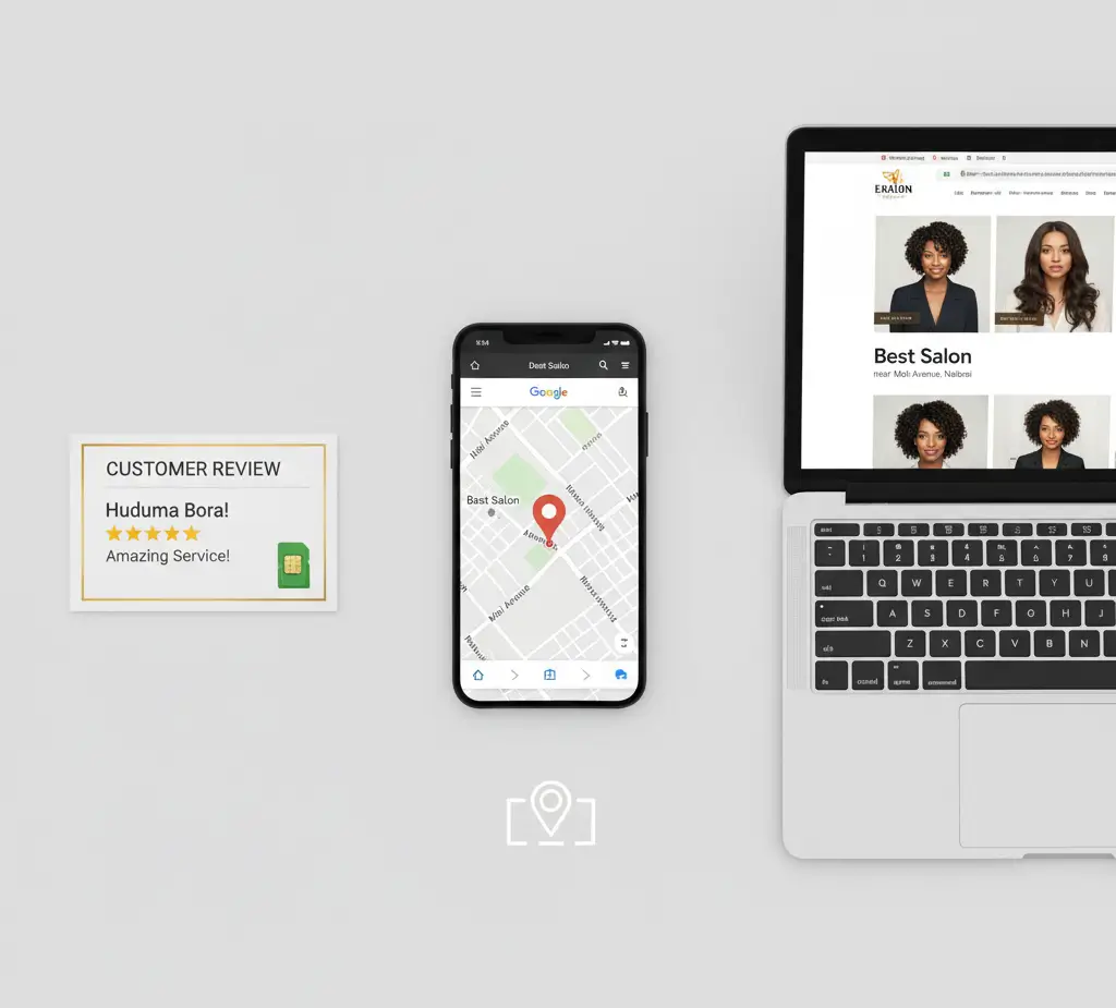 Local SEO tips for Kenyan businesses including Google Maps reviews in Swahili and English, geo-tagged photos, consistent phone number, and optimized local keywords like 'best salon near Moi Avenue, Nairobi
