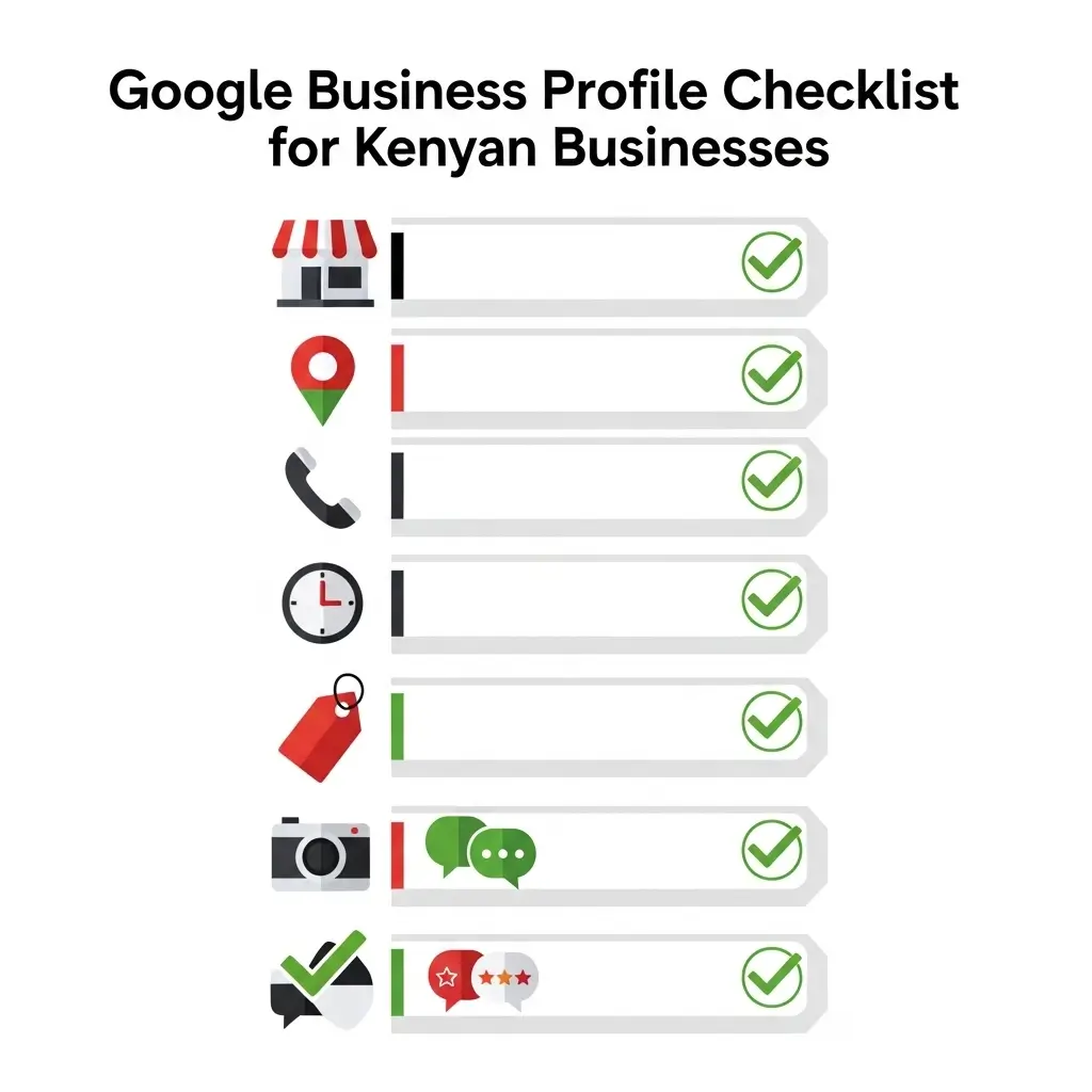Infographic summarizing Google Business Profile optimization steps for Kenyan businesses — from verification to reviews and insights.