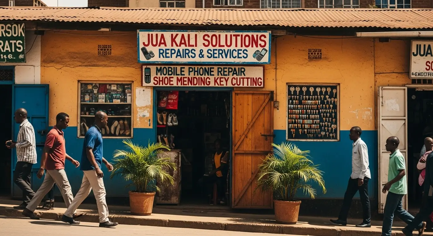 A typical small business storefront in Nairobi, Kenya, with signage and a sunny street scene — representing local visibility on Google Maps.