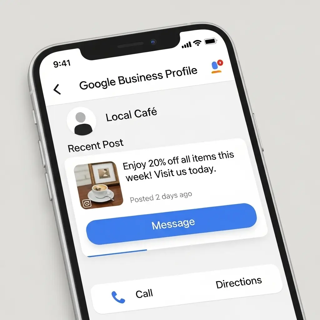 Sample Google Business Profile post with a promotional offer and messaging button enabled to increase customer engagement.