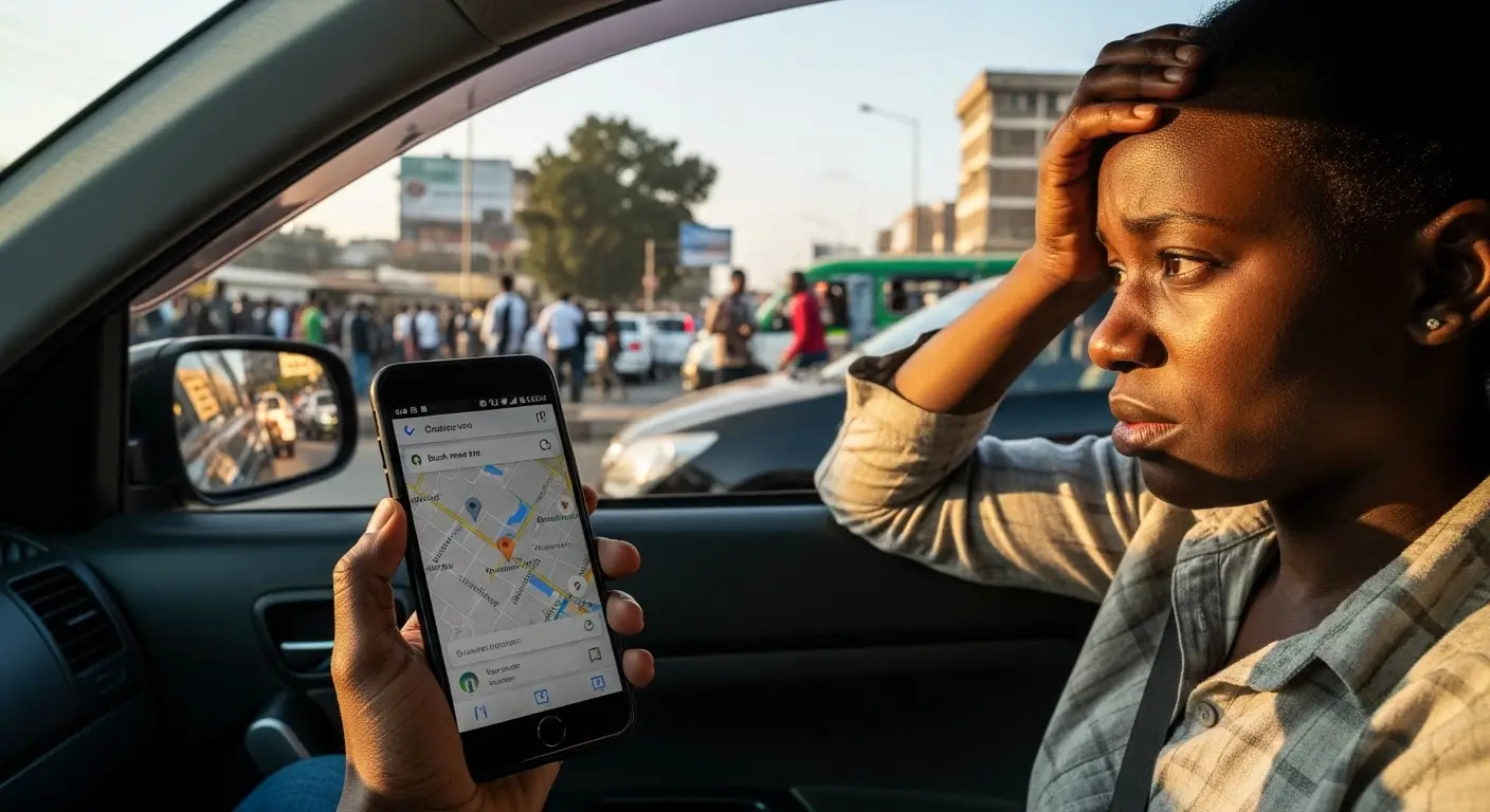 Customer stuck in Nairobi traffic searching for a nearby bank on Google Maps