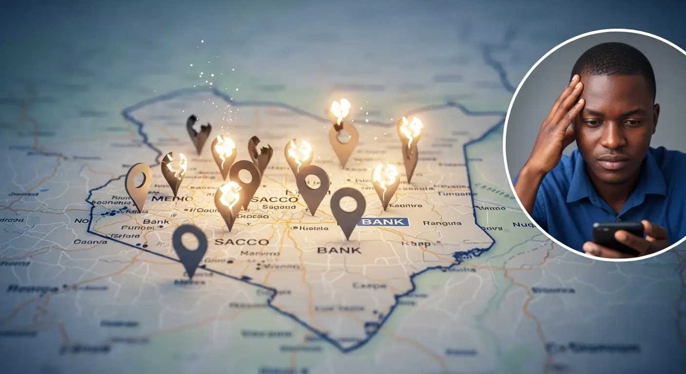 Digital map of Kenya showing visible and missing bank branch pins, with a frustrated customer holding a phone in the corner.