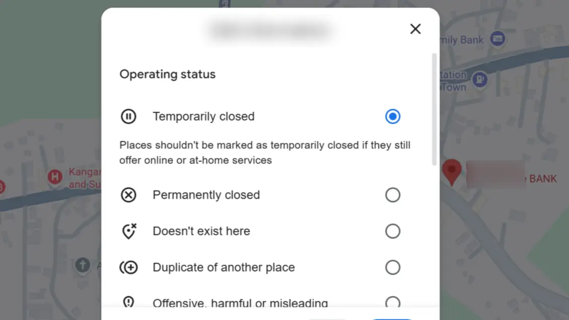 Google Maps showing a bank branch marked as temporarily closed in Westlands